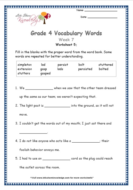  Grade 4 Vocabulary Worksheets Week 7 worksheet 5