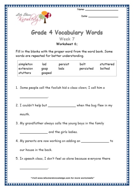  Grade 4 Vocabulary Worksheets Week 7 worksheet 6