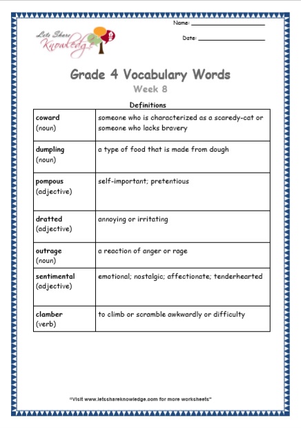 Grade 4 Vocabulary Worksheets Week 8 definitions