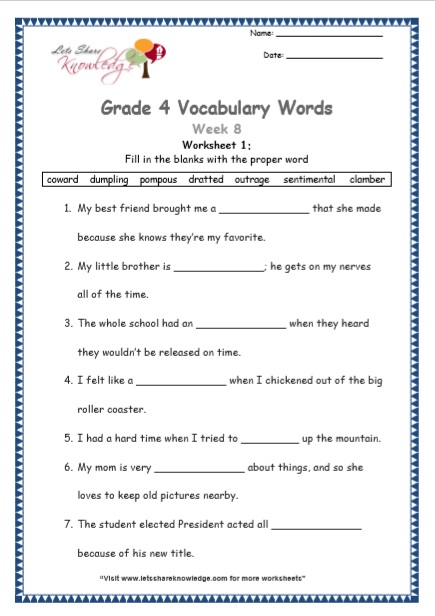 Grade 4 Vocabulary Worksheets Week 8 worksheet 1
