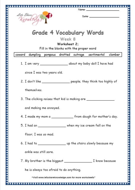 Grade 4 Vocabulary Worksheets Week 8 worksheet 2