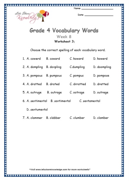  Grade 4 Vocabulary Worksheets Week 8 worksheet 3