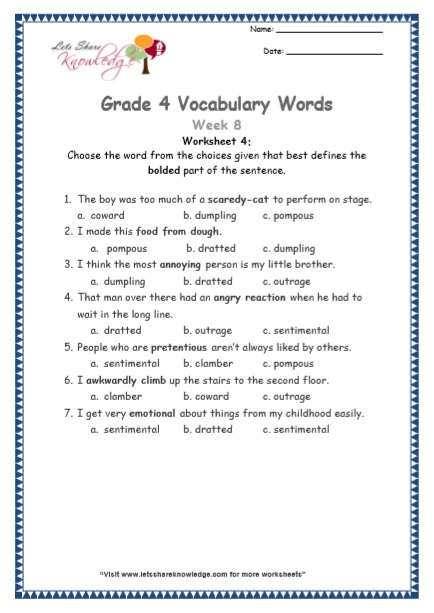  Grade 4 Vocabulary Worksheets Week 8 worksheet 4