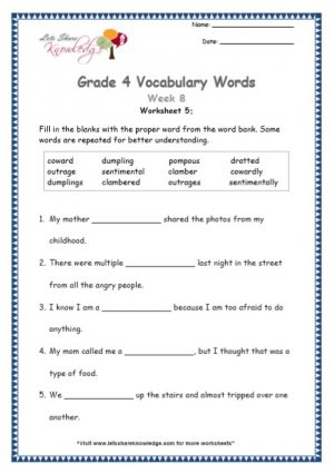 Grade 4: Vocabulary Worksheets Week 8
