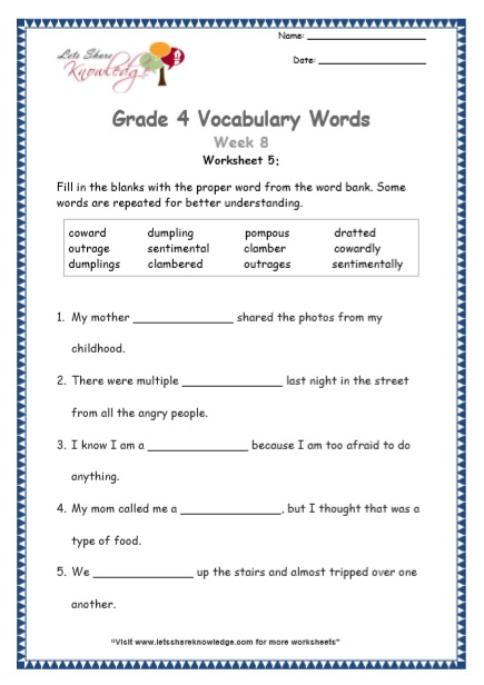  Grade 4 Vocabulary Worksheets Week 8 worksheet 5