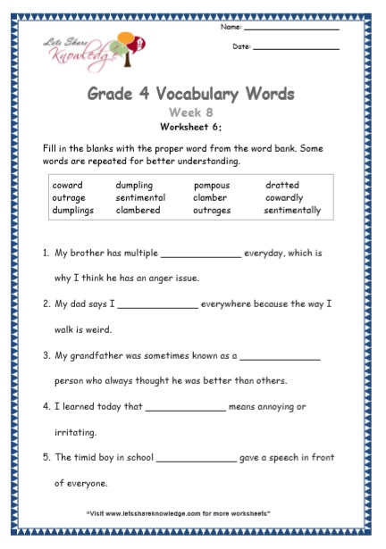  Grade 4 Vocabulary Worksheets Week 8 worksheet 6