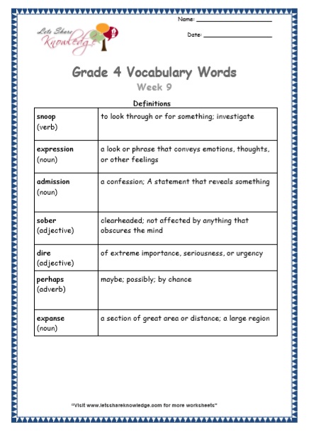 Grade 4 Vocabulary Worksheets Week 9 definitions