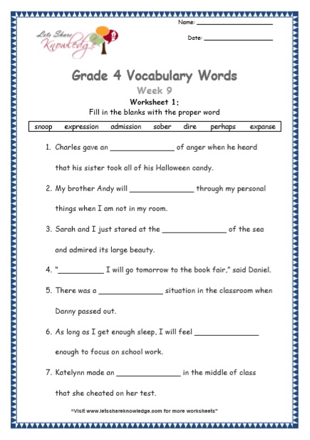 Grade 4 Vocabulary Worksheets Week 9 worksheet 1