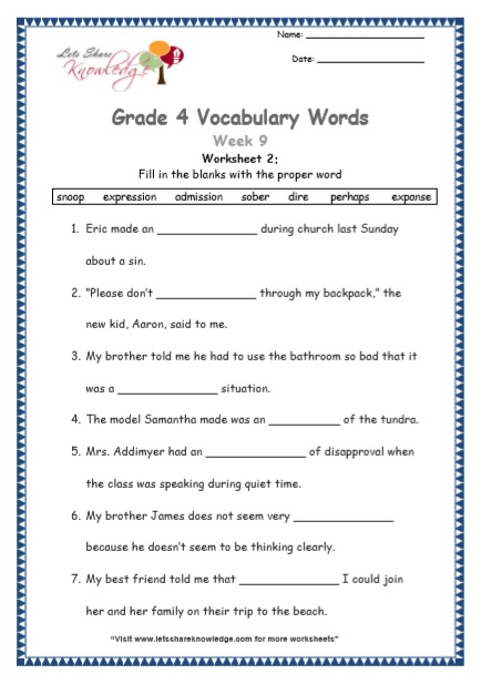 Grade 4 Vocabulary Worksheets Week 9 worksheet 2