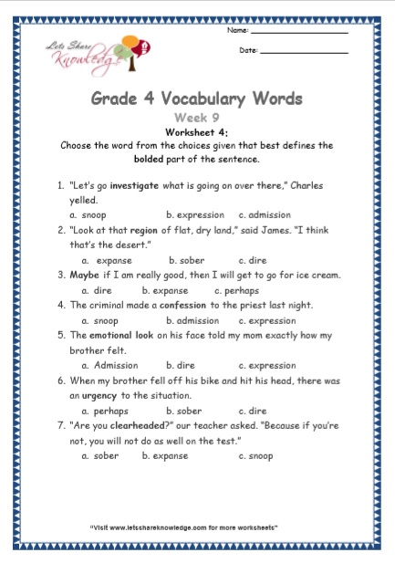 Grade 4: Vocabulary Worksheets Week 9 – Lets Share Knowledge