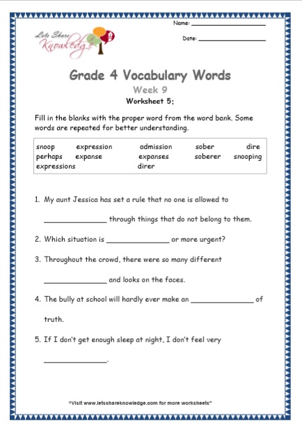  Grade 4 Vocabulary Worksheets Week 9 worksheet 5