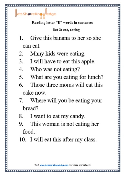  Kindergarten Reading Practice for Letter “E” words in Sentences Printable Worksheets Worksheets
