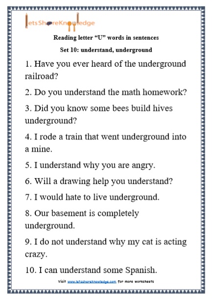  Kindergarten Reading Practice for Letter “U” words in Sentences Printable Worksheets Worksheet
