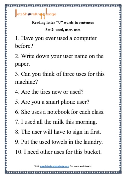  Kindergarten Reading Practice for Letter “U” words in Sentences Printable Worksheets 