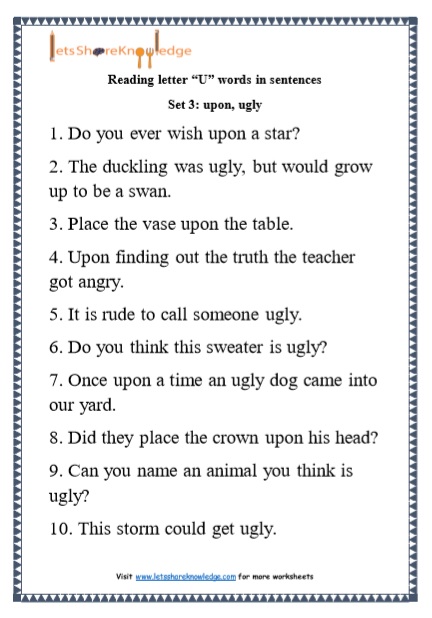  Kindergarten Reading Practice for Letter “U” words in Sentences Printable Worksheets Worksheets