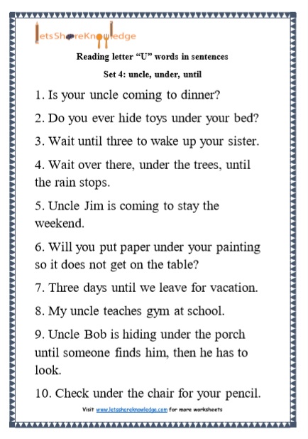  Kindergarten Reading Practice for Letter “U” words in Sentences Printable Worksheets Worksheet 