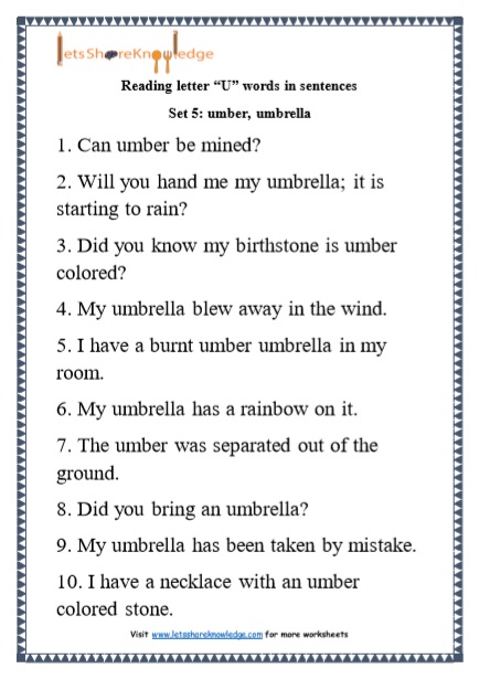  Kindergarten Reading Practice for Letter “U” words in Sentences Printable Worksheets Worksheet