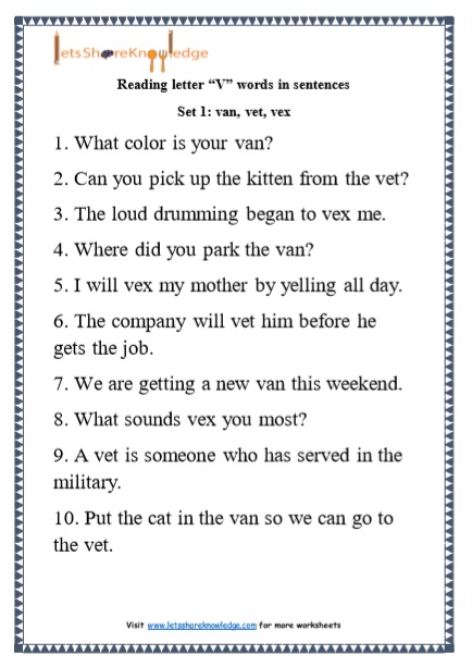  Kindergarten Reading Practice for Letter “V” words in Sentences Printable Worksheets Worksheet