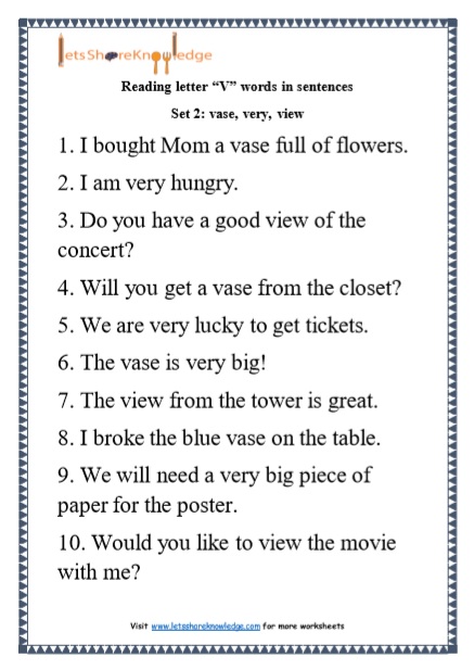  Kindergarten Reading Practice for Letter “V” words in Sentences Printable Worksheets 