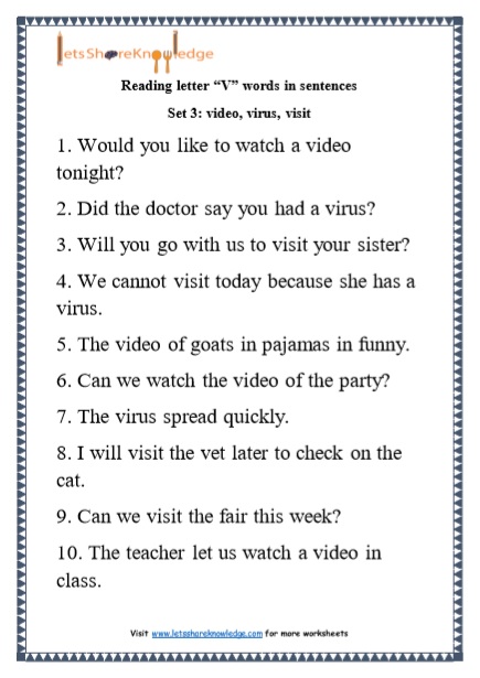  Kindergarten Reading Practice for Letter “V” words in Sentences Printable Worksheets Worksheets