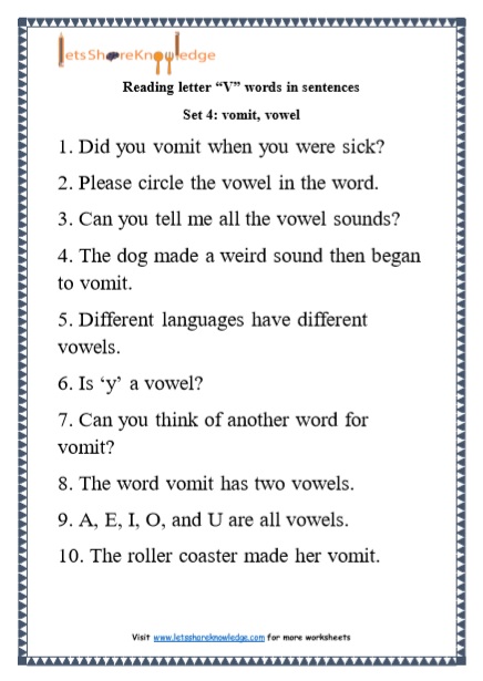  Kindergarten Reading Practice for Letter “V” words in Sentences Printable Worksheets Worksheet 