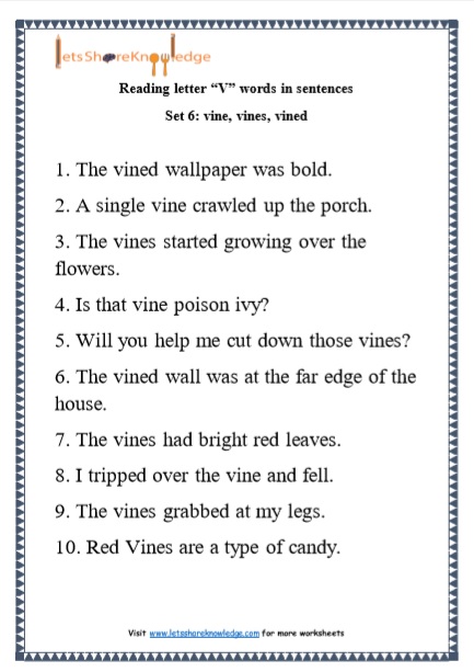  Kindergarten Reading Practice for Letter “V” words in Sentences Printable Worksheets Worksheet