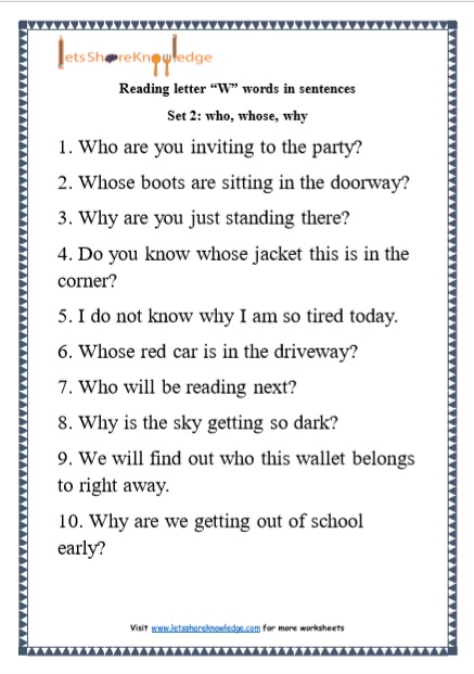  Kindergarten Reading Practice for Letter “W” words in Sentences Printable Worksheets 