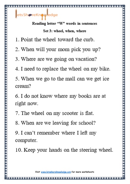  Kindergarten Reading Practice for Letter “W” words in Sentences Printable Worksheets Worksheets