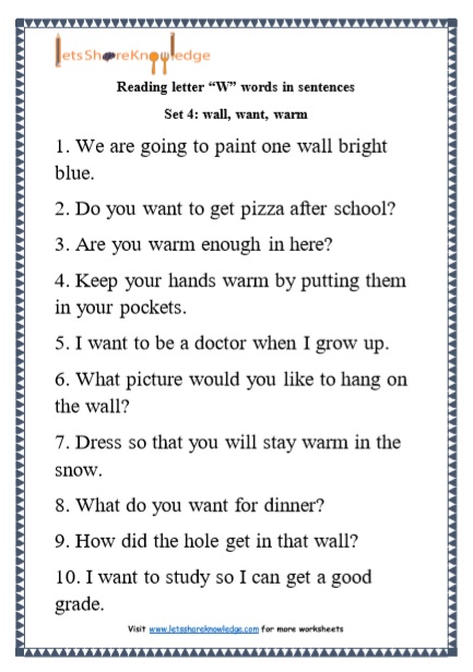  Kindergarten Reading Practice for Letter “W” words in Sentences Printable Worksheets Worksheet 