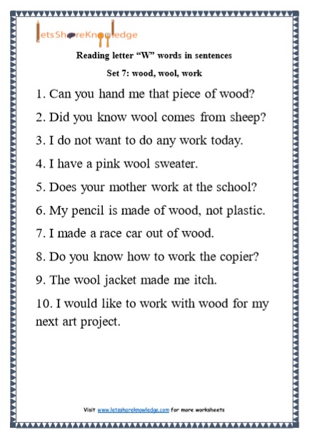  Kindergarten Reading Practice for Letter “W” words in Sentences Printable Worksheets Worksheet