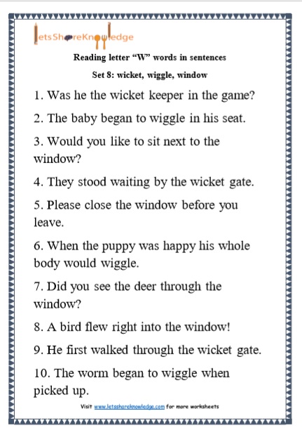  Kindergarten Reading Practice for Letter “W” words in Sentences Printable Worksheets Worksheet