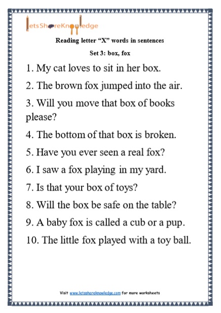  Kindergarten Reading Practice for Letter “X” words in Sentences Printable Worksheets Worksheets