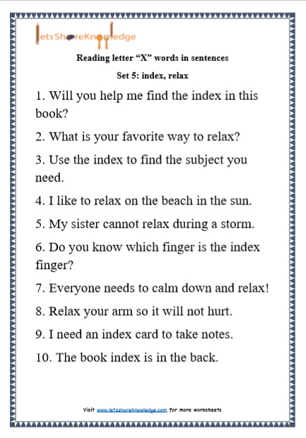  Kindergarten Reading Practice for Letter “X” words in Sentences Printable Worksheets Worksheet