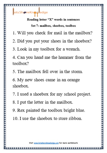  Kindergarten Reading Practice for Letter “X” words in Sentences Printable Worksheets Worksheet