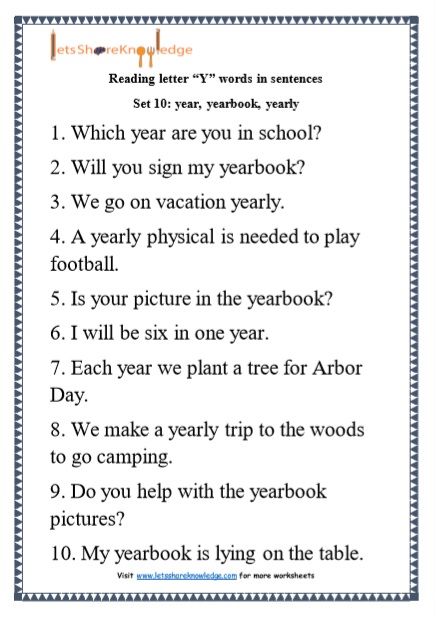  Kindergarten Reading Practice for Letter “Y” words in Sentences Printable Worksheets Worksheet