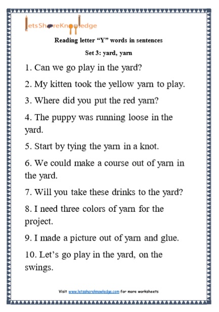 Kindergarten Reading Practice for Letter “Y” words in Sentences Printable Worksheets Worksheets
