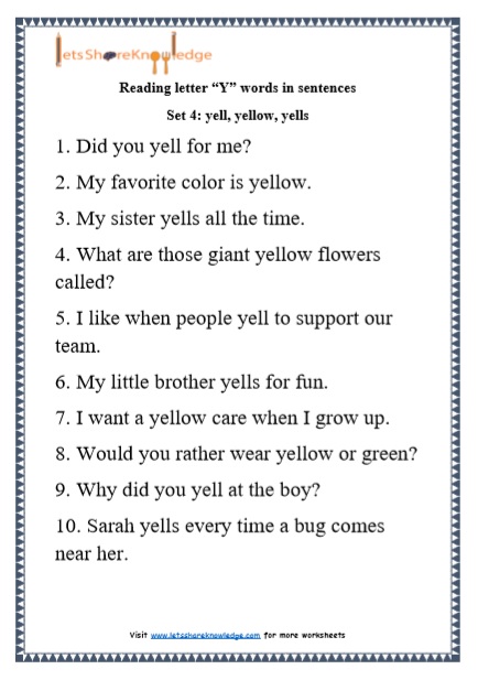  Kindergarten Reading Practice for Letter “Y” words in Sentences Printable Worksheets Worksheet 