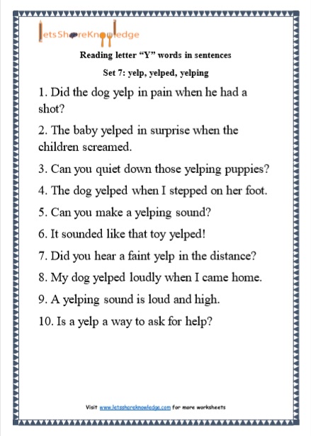 Kindergarten Reading Practice for Letter "Y" Words in Sentences Printable Worksheets