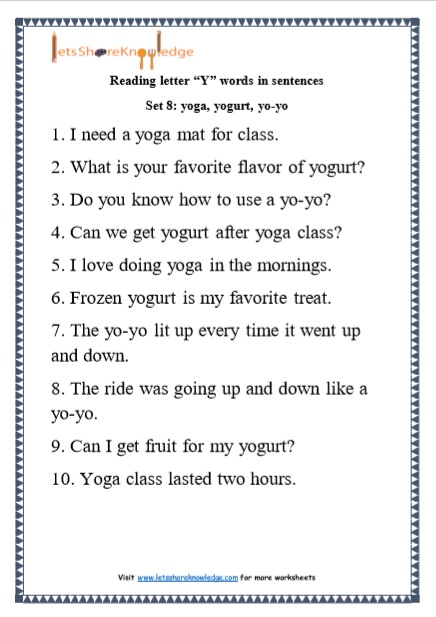  Kindergarten Reading Practice for Letter “Y” words in Sentences Printable Worksheets Worksheet