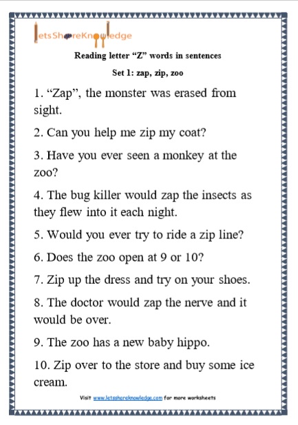 Kindergarten Reading Practice for Letter “Z” words in Sentences Printable Worksheets Worksheet