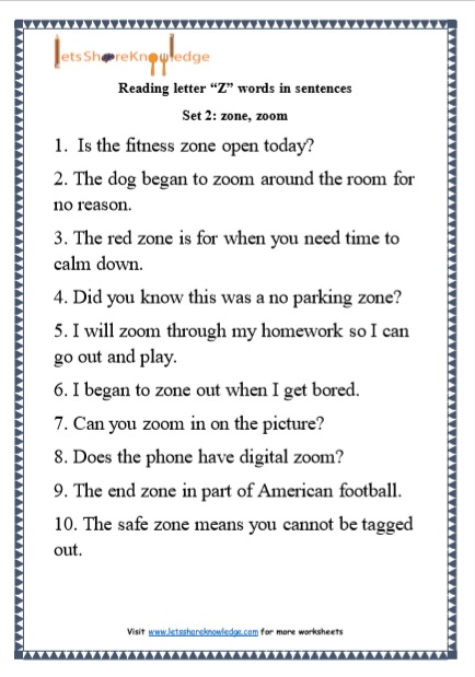  Kindergarten Reading Practice for Letter “Z” words in Sentences Printable Worksheets 