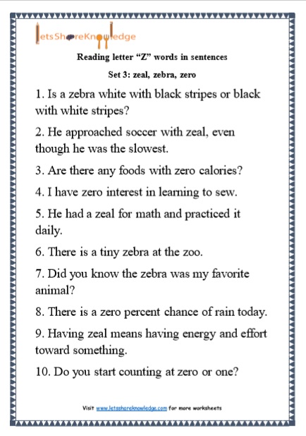  Kindergarten Reading Practice for Letter “Z” words in Sentences Printable Worksheets Worksheets