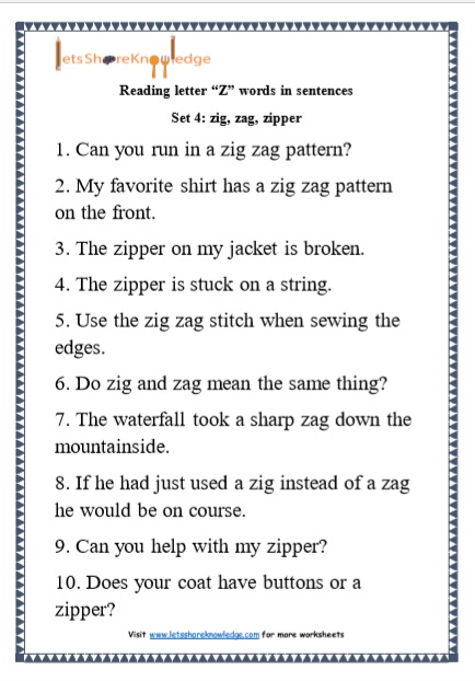  Kindergarten Reading Practice for Letter “Z” words in Sentences Printable Worksheets Worksheet 
