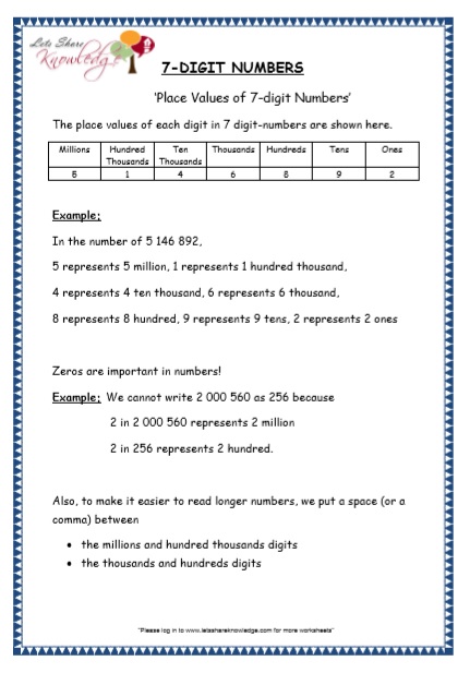  7 Digit Numbers Printable Worksheets