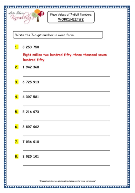 Grade 5 Maths Resources 7 Digit Numbers Printable Worksheets Lets 