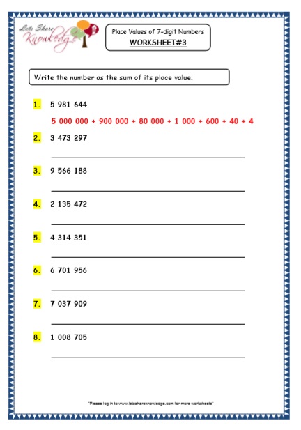  7 Digit Numbers Printable Worksheets Worksheets