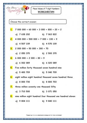Grade 5 Maths Resources (7 Digit Numbers Printable Worksheets)