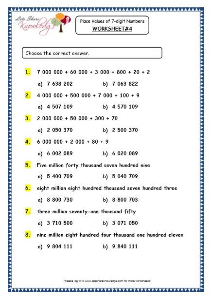 grade 5 maths resources 7 digit numbers printable worksheets lets share knowledge