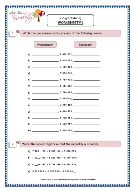 grade 5 maths resources 7 digit ordering printable worksheets lets