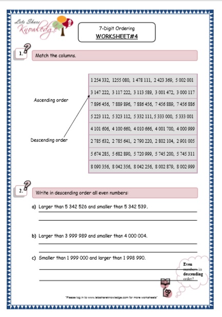  7 Digit Ordering Printable Worksheets Worksheet 